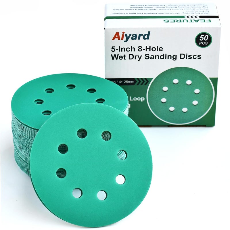 Aiyard 5-Inch 8-Hole Wet Dry Sanding Discs 320 Grit, Polyester Film Backed Heavy-Duty Hook and Loop Sandpaper for Random Orbital Sander, 50-Pack - Image 1